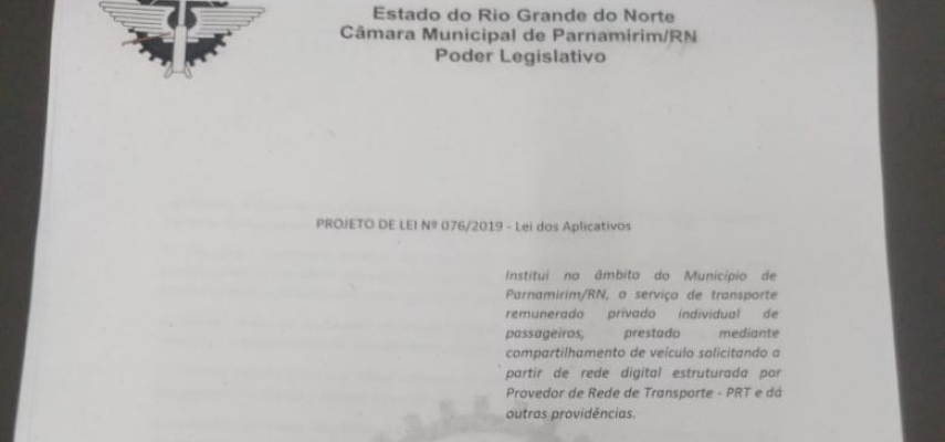 Regulamentação do transporte por aplicativos é aprovada pela Câmara de Parnamirim 