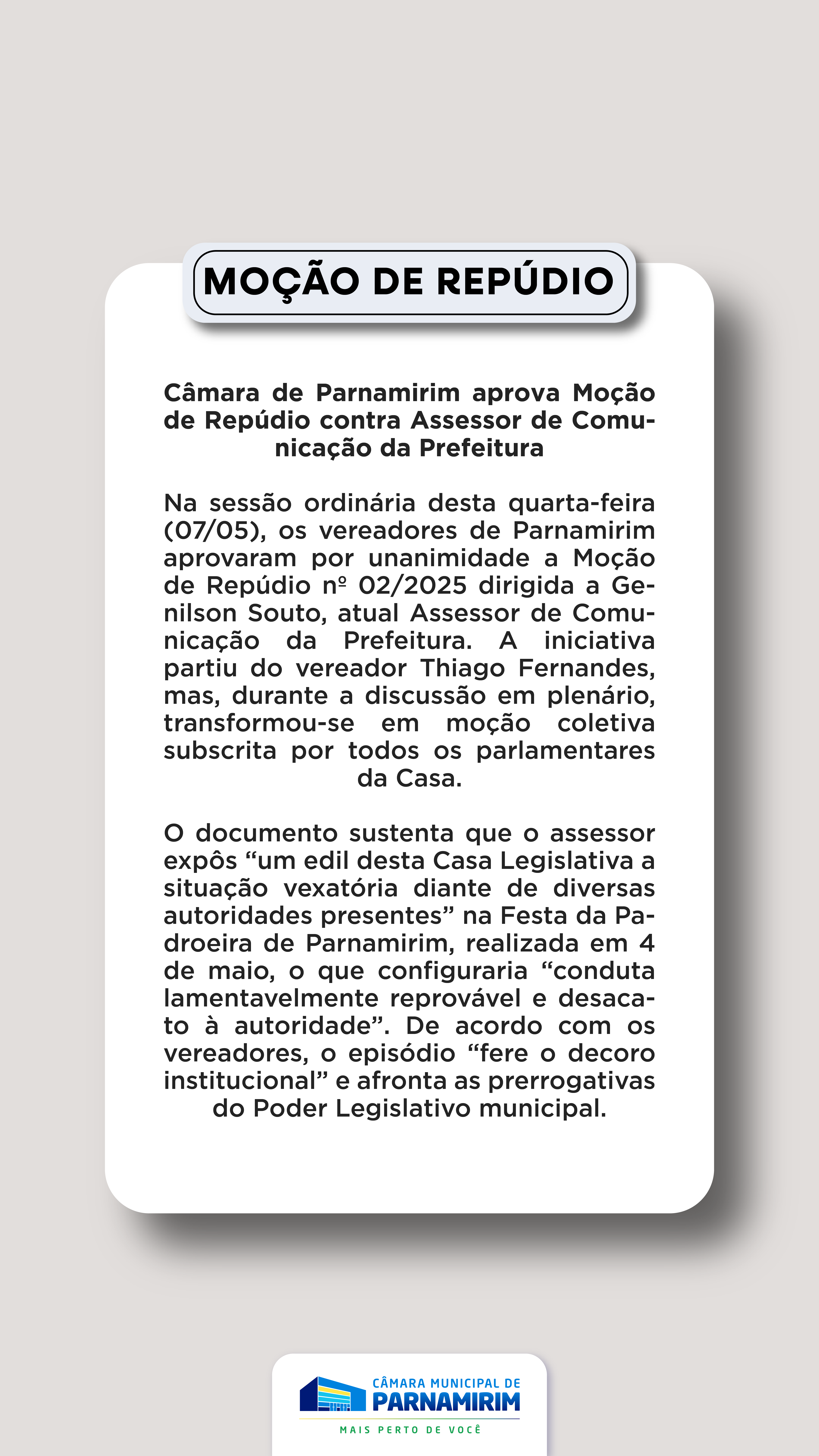 Câmara de Parnamirim aprova Moção de Repúdio contra Assessor de Comunicação da Prefeitura