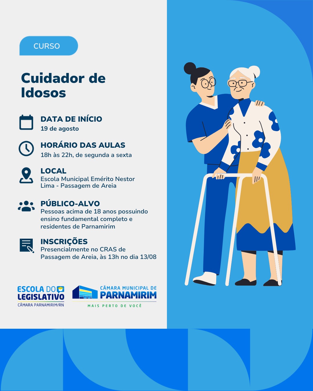 Escola do Legislativo de Parnamirim abre inscrições para curso gratuito de Cuidador de Idosos
